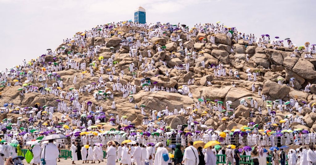 Thousands of pilgrims at Mount Arafat during Hajj, the annual Islamic pilgrimage in Mecca, Saudi Arabia.